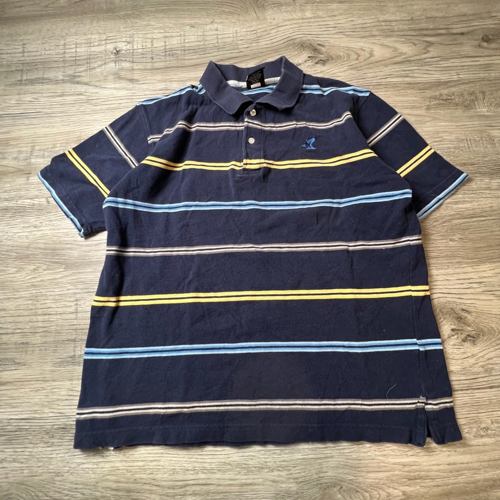 Starbury Polo Shirt‎ Mens Medium Navy Blue Striped Pique Cotton Short Sleeve y96